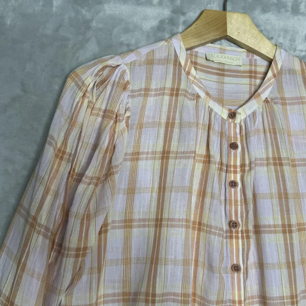 Ulla Johnson Plaid Button Down Shirt in Pink and Orange - Picture 3 of 10